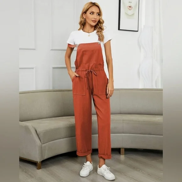 Womens Bib Overalls Adjustable Strap Drawstring Cotton Linen Jumpsuits - Picture 3 of 7